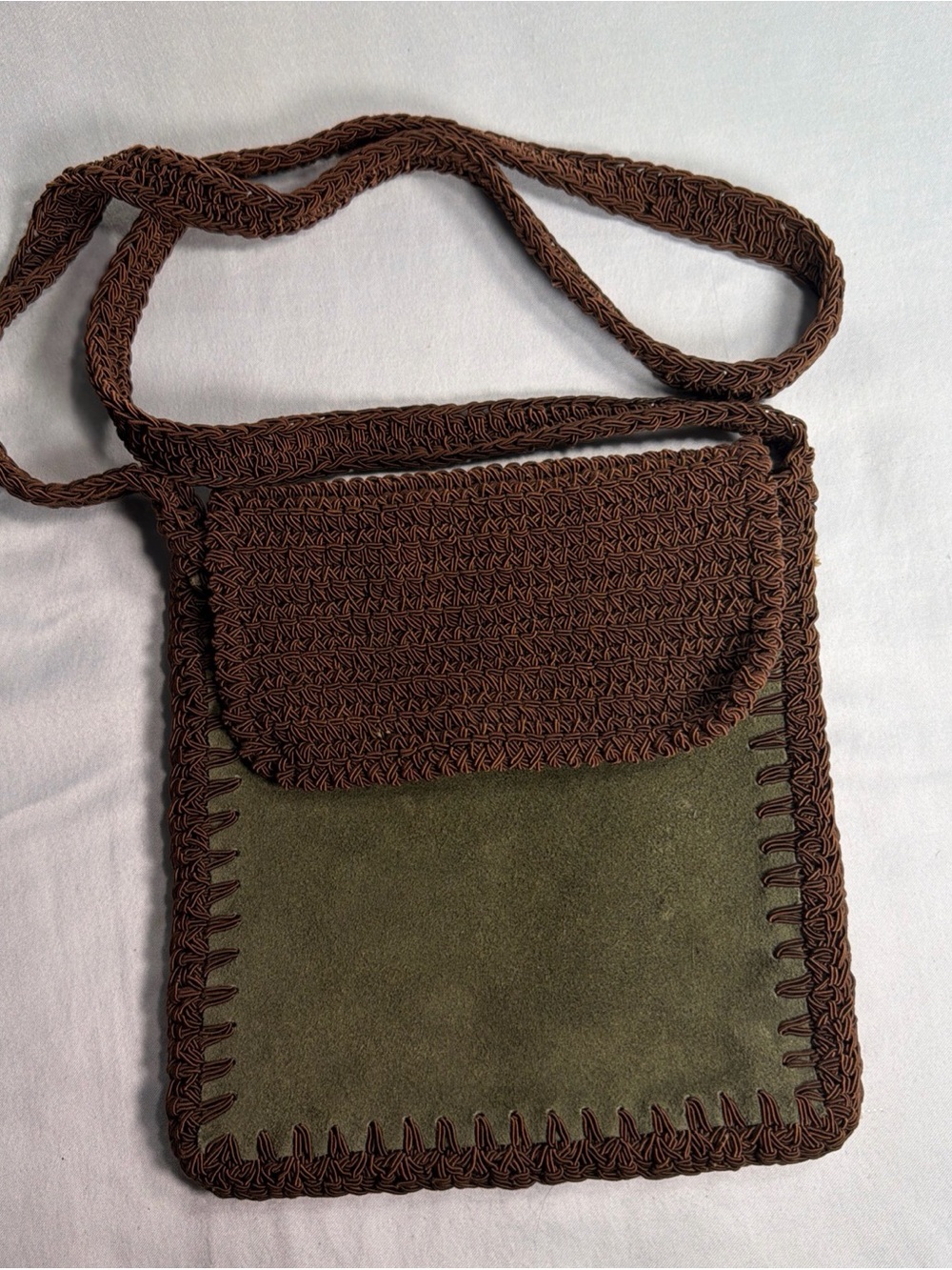 GAP Brown Crochet Crossbody with Olive Green Suede Panel